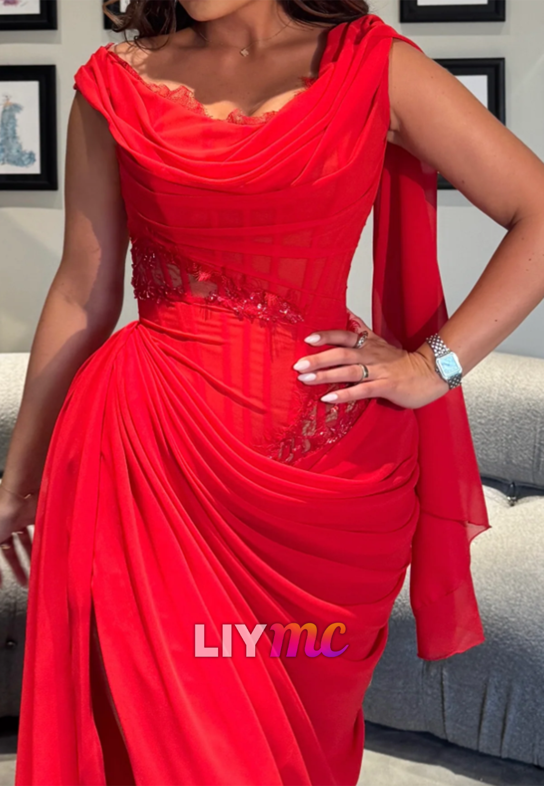 Off-Shoulder Draped Illusion Waist Slit Evening Gown