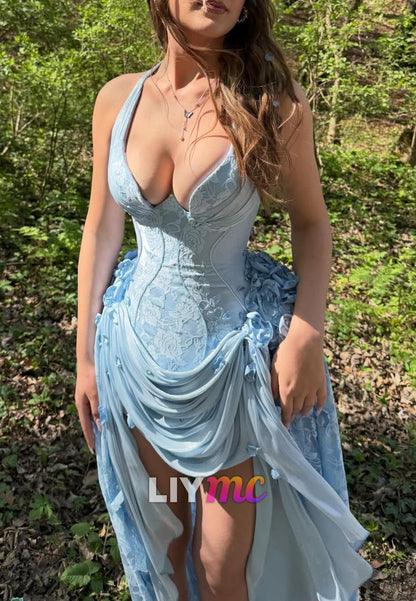 Halter Lace Corset Evening Dress with Slit