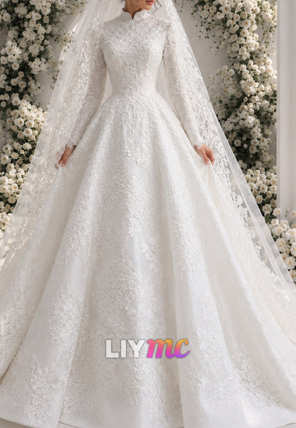High Neck Long Sleeve Lace Ball Gown Wedding Dress