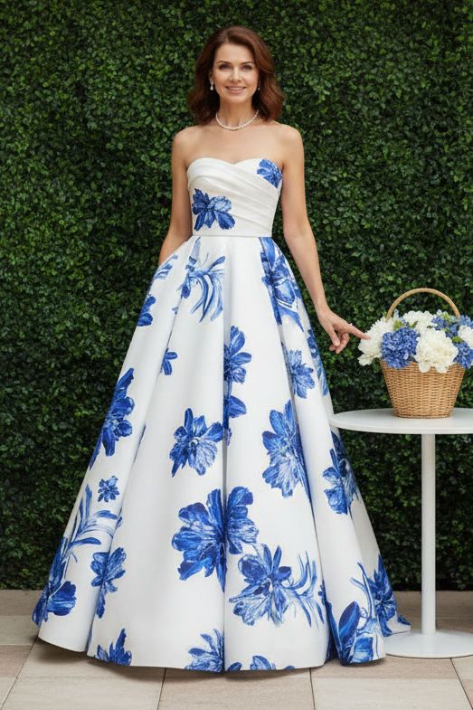 Strapless Floral Print Corset Evening Gown