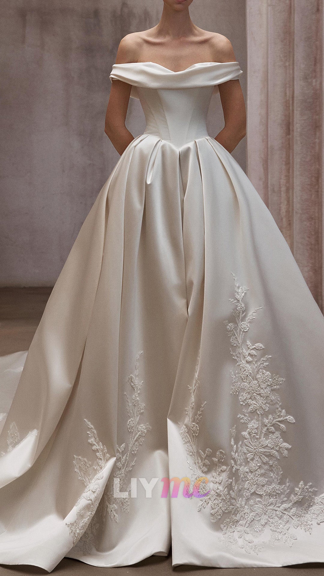 Off-the-Shoulder Pleated Satin Ball Gown
