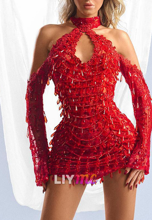 Halter Keyhole Beaded Mini Bodycon Dress