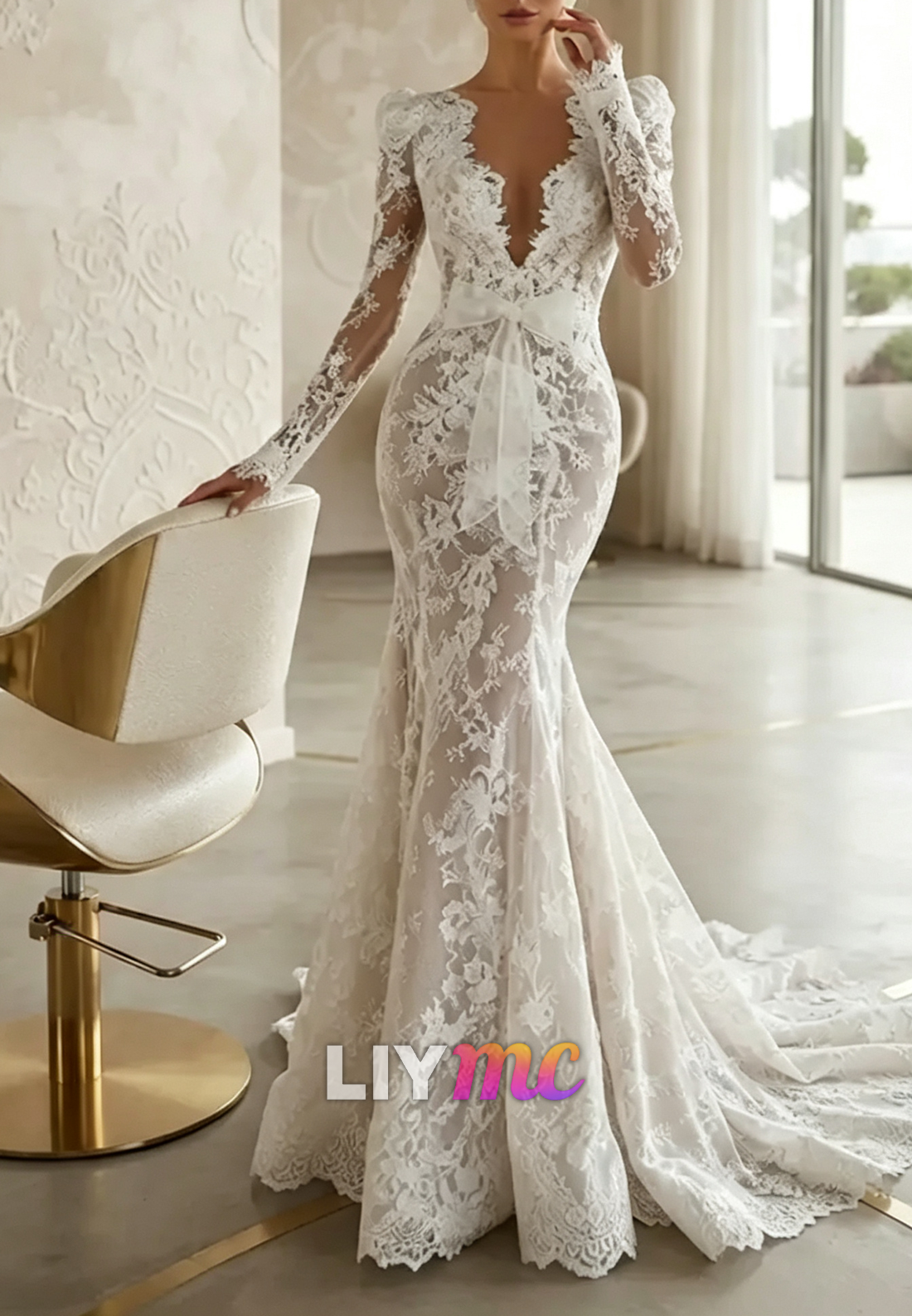 Deep V-Neck Lace Mermaid Wedding Dress with Long Sleeves