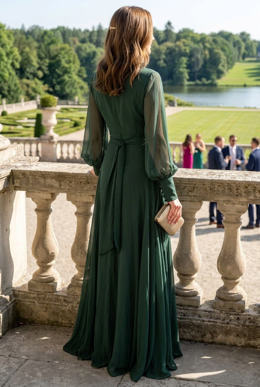 V-Neck Bishop Sleeve Wrap Evening Gown