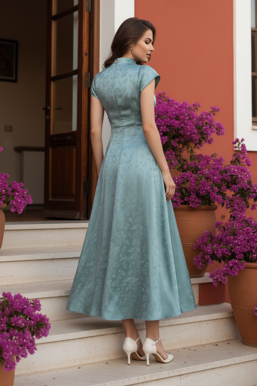 Jacquard Satin High Neck Cap Sleeve Midi Dress