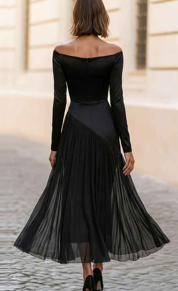 Off-the-Shoulder Pleated Satin and Chiffon Midi Dress