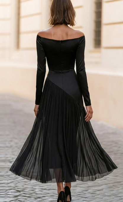 Off-the-Shoulder Pleated Satin and Chiffon Midi Dress