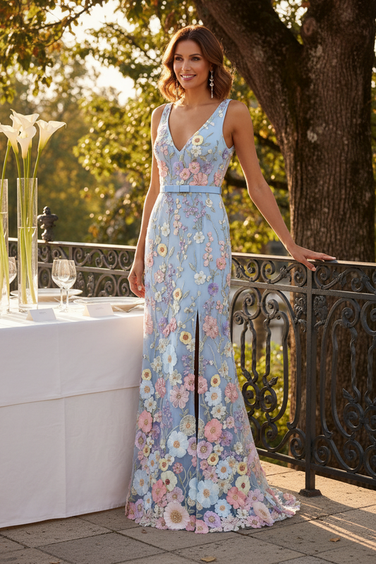 Embroidered 3D Floral V-Neck Gown with Slit