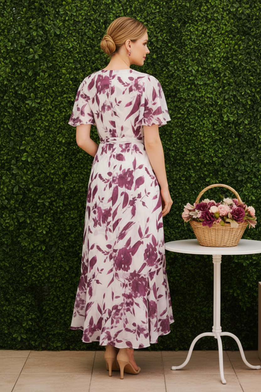 Floral Print High-Low Chiffon Evening Dress