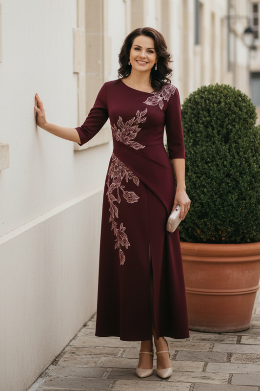 Asymmetrical Embroidered Evening Gown with Side Drape