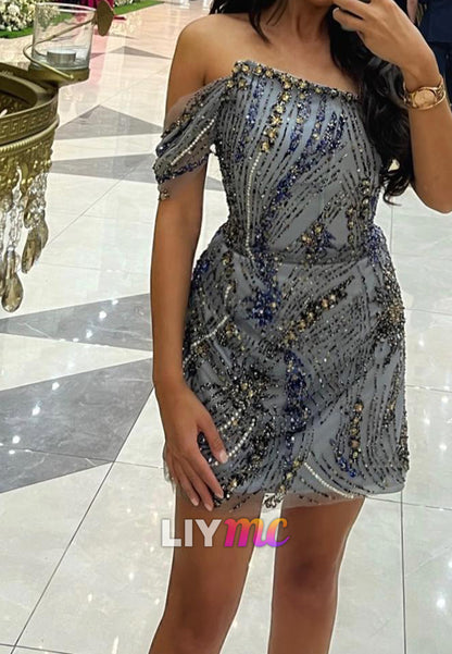 Off Shoulder Sequin Beaded Mini Cocktail Dress