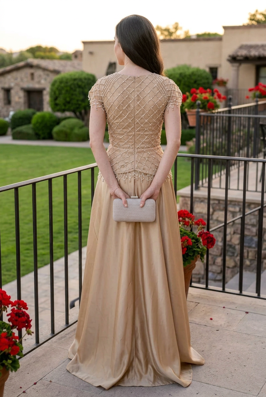 Beaded Peplum Gown with Satin A-Line Skirt