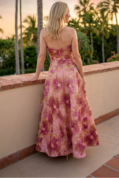 Strapless Floral Metallic Jacquard A-Line Gown