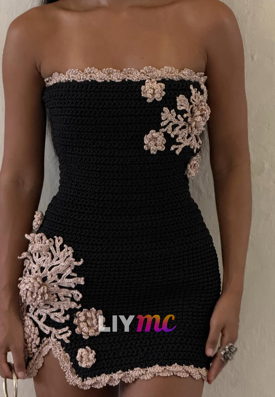Strapless Crochet Mini Dress with Floral Appliques