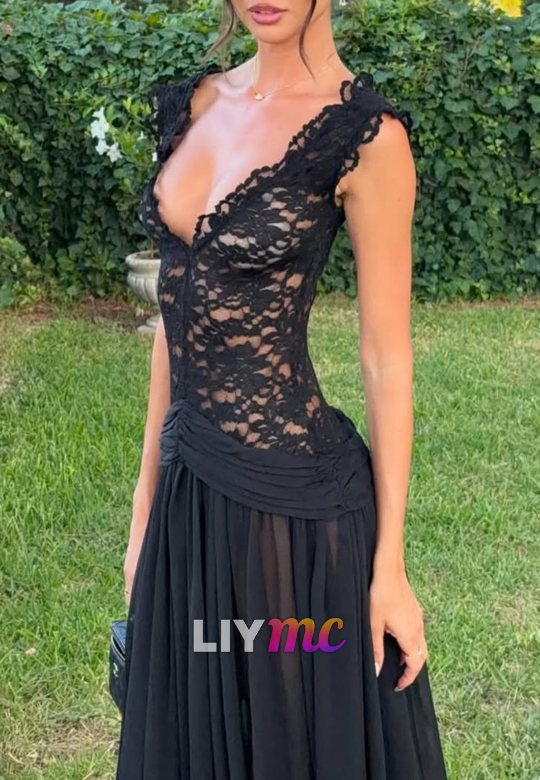 Lace Bodice Sheer Chiffon Maxi Evening Gown