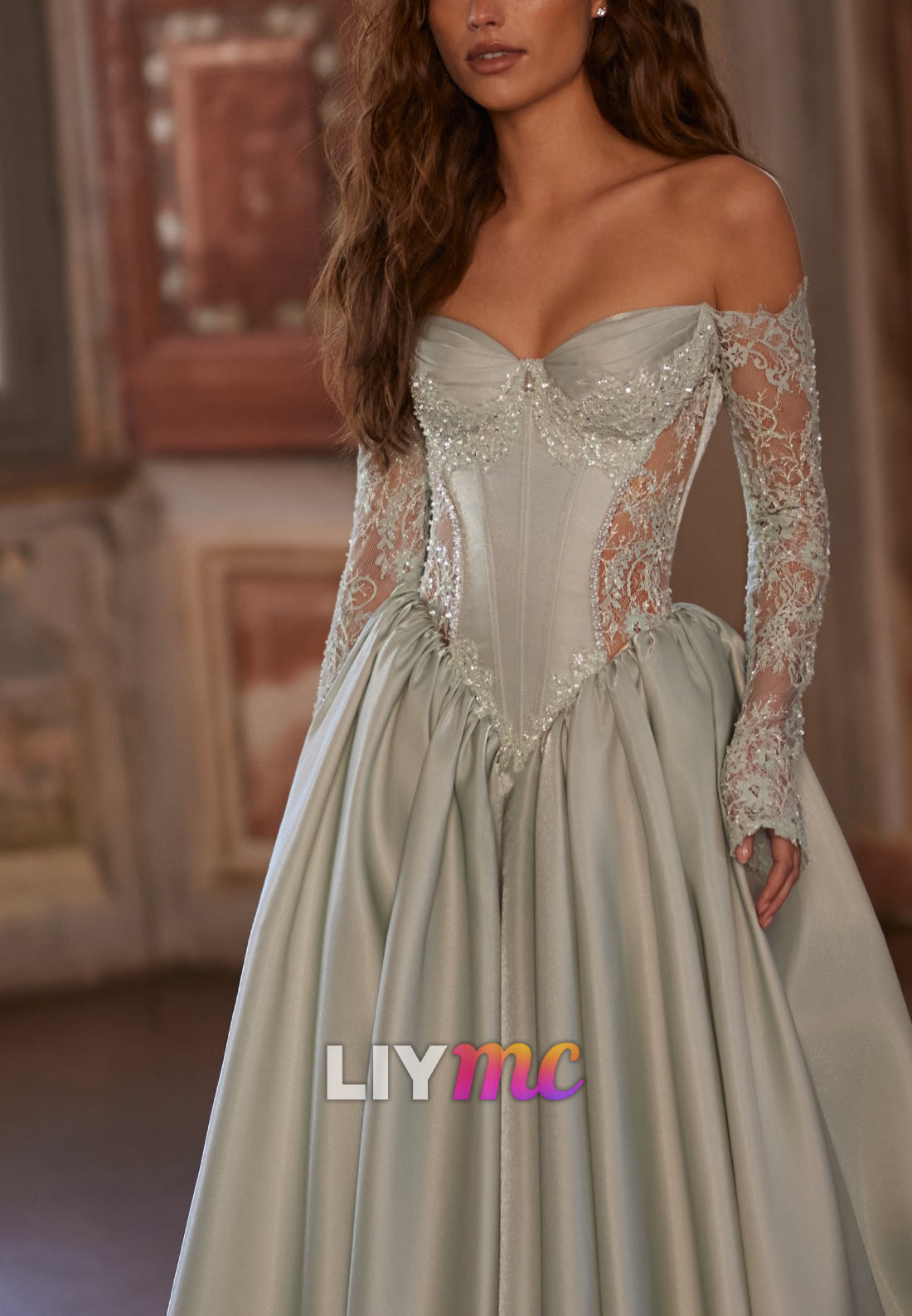 Off-the-Shoulder Corset Ball Gown with Lace Sleeves