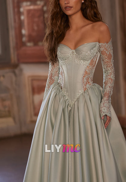 Off-the-Shoulder Corset Ball Gown with Lace Sleeves