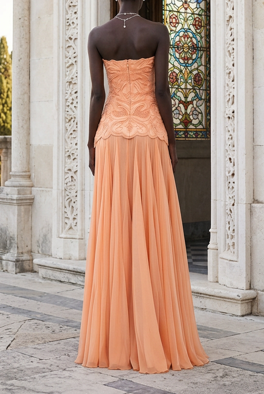Strapless Embroidered Bodice Pleated Gown