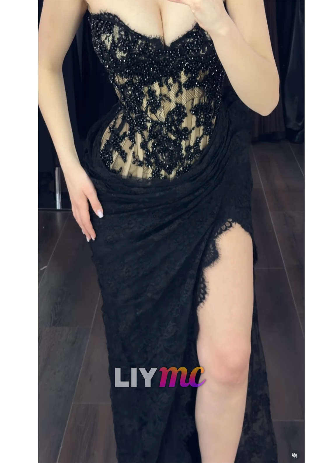 Strapless Beaded Corset Lace Evening Gown with Slit