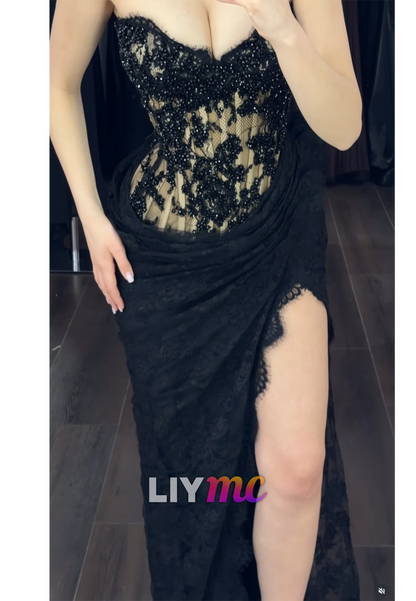 Strapless Beaded Corset Lace Evening Gown with Slit