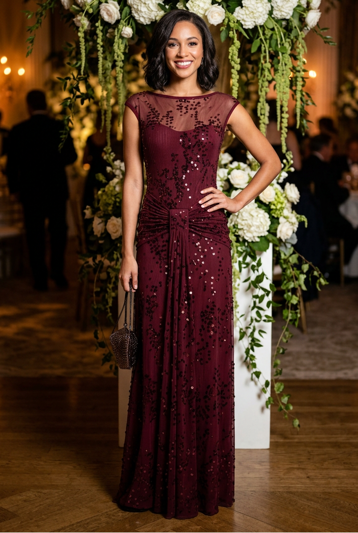 Sequined Illusion Neck Maxi Dress with Gathered Waist
