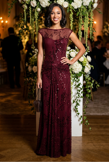 Sequined Illusion Neck Maxi Dress with Gathered Waist