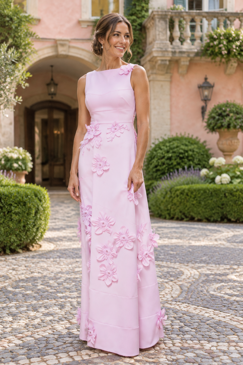 Sleeveless Bateau 3D Floral Appliqué Column Gown