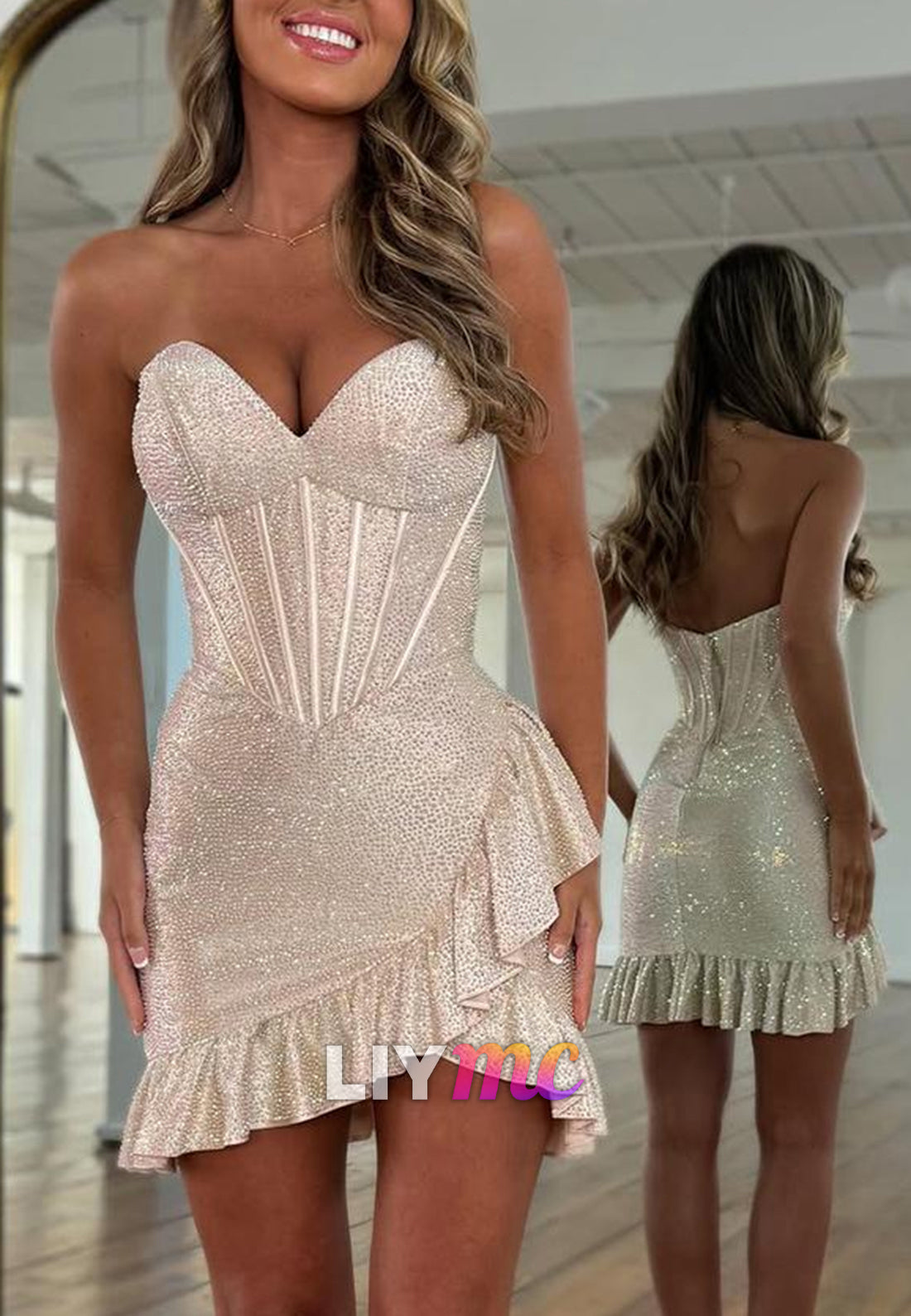 Strapless Sweetheart Corset Ruffled Mini Dress
