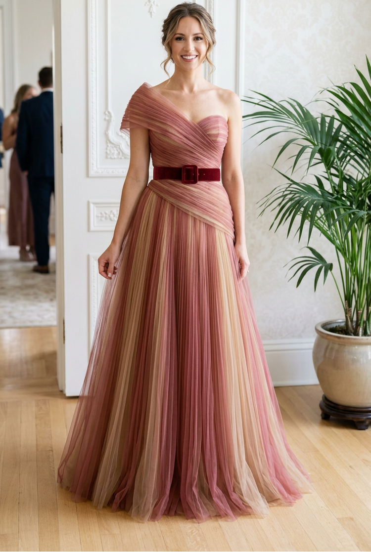 Pleated Tulle Asymmetrical Gown with Belted Waist
