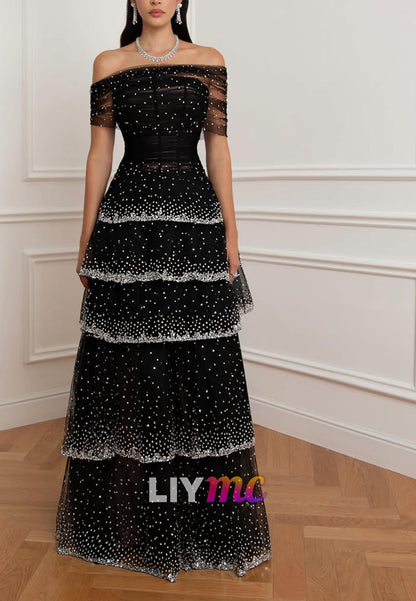 Tiered Sequin Off-the-Shoulder Maxi Gown