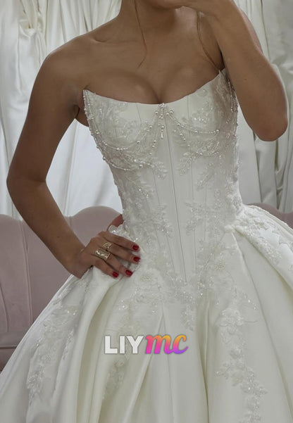 Beaded Corset Ball Gown Wedding Dress with Lace Trim