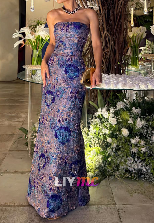 Strapless Jacquard Column Evening Gown