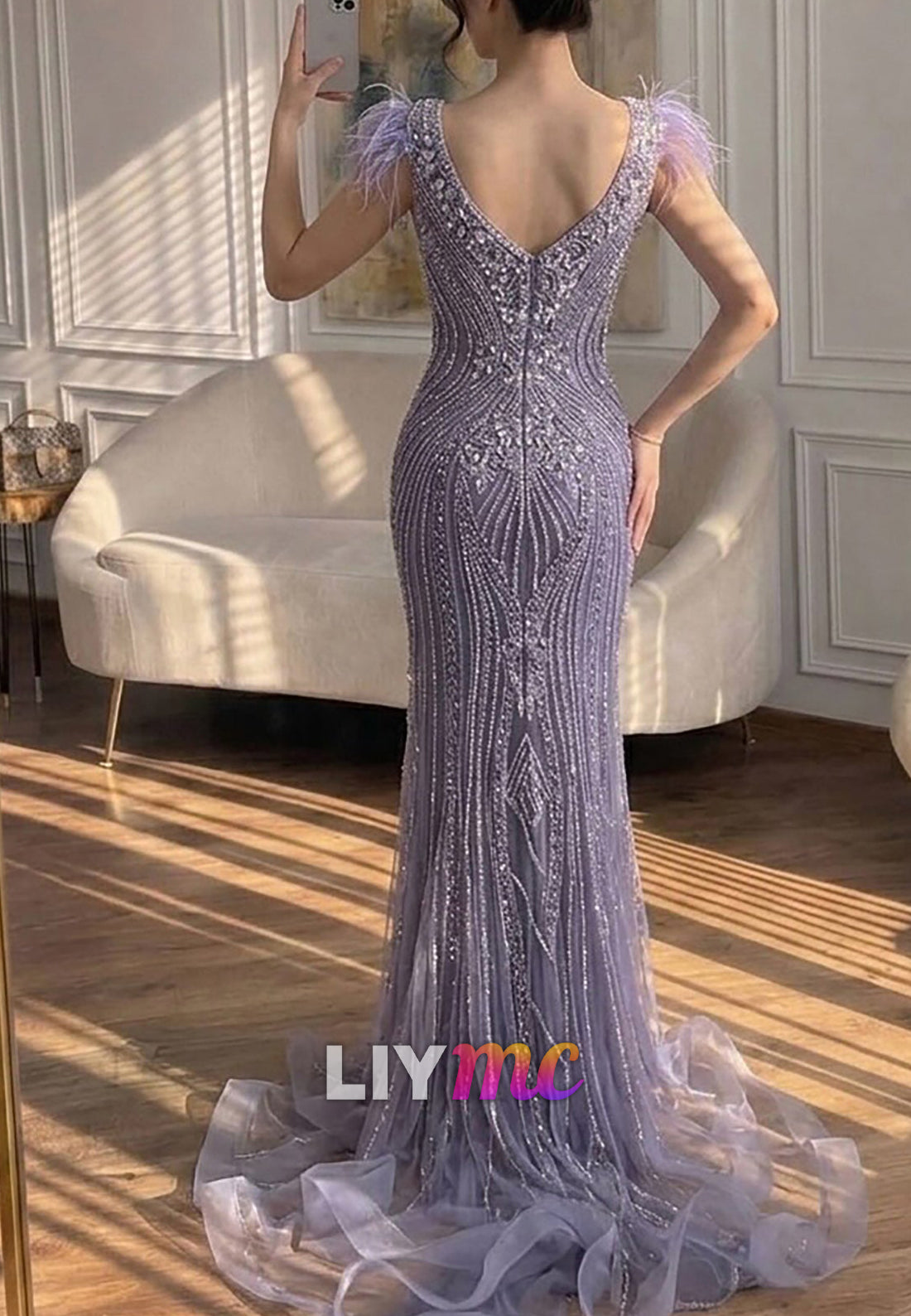 Beaded Feather Mermaid Evening Dress with Train