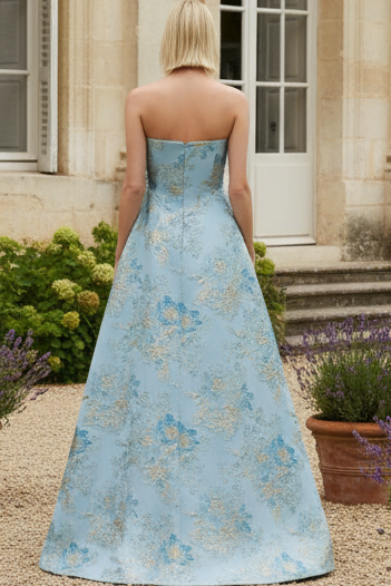 Strapless Floral Jacquard A-Line Evening Gown
