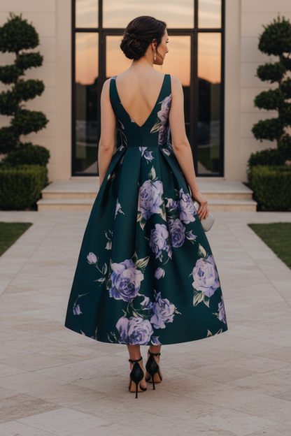 Floral Print Deep V-Neck Pleated Tea-Length Dress