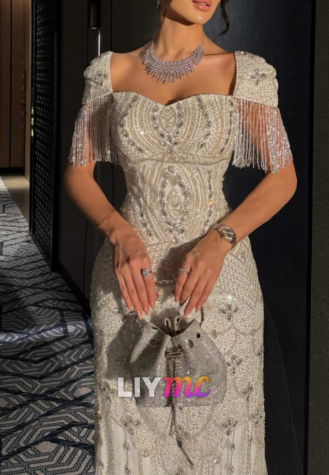 Beaded Fringe Mermaid Evening Gown with Sequin