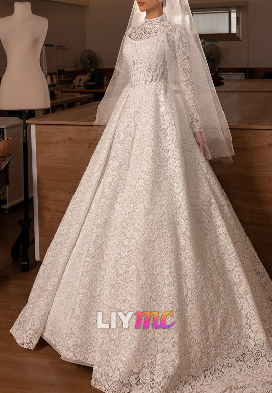 High Neck Lace A-Line Wedding Dress with Long Sleeves