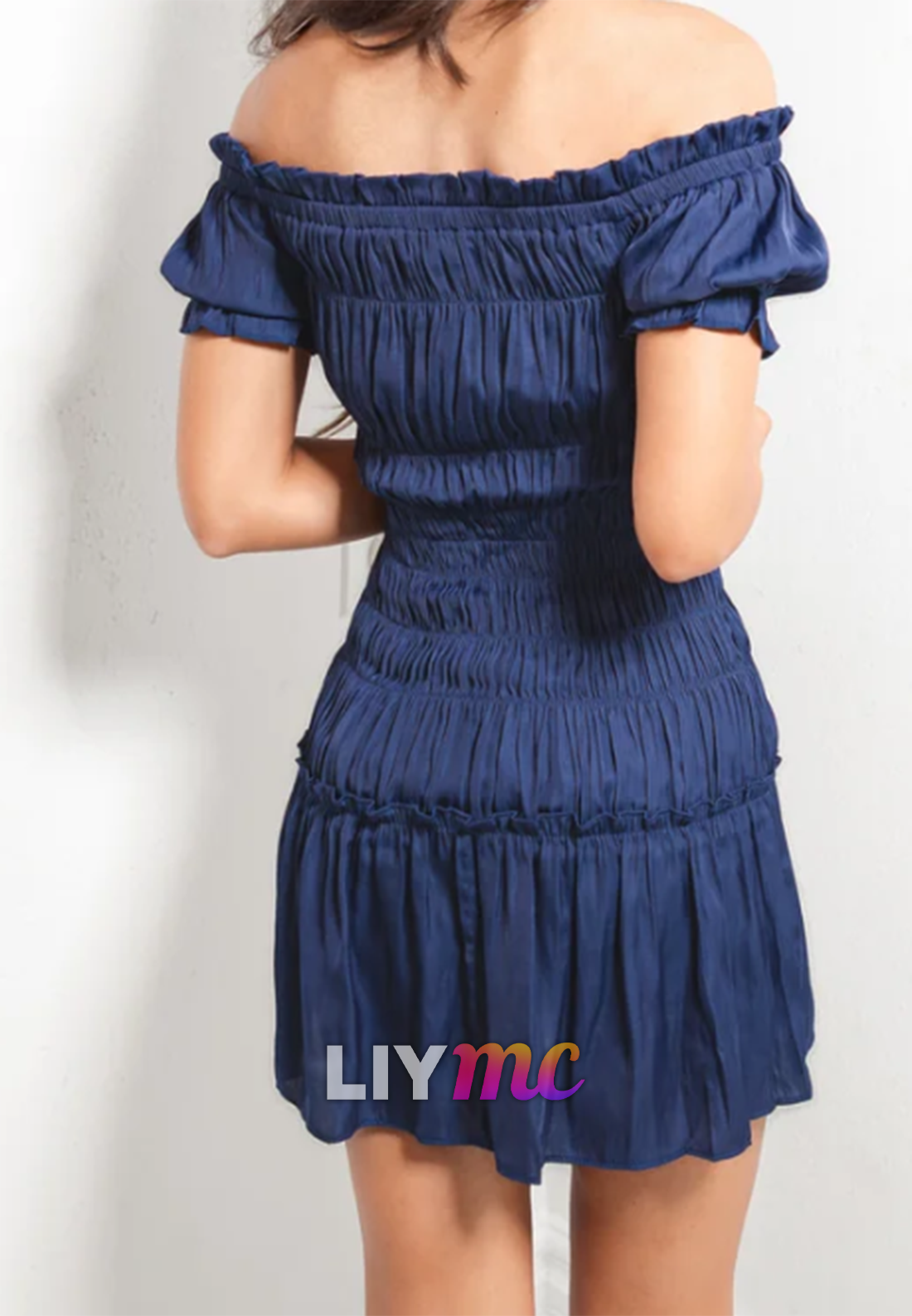 Off-Shoulder Shirred Smocked Mini Dress with Ruffle Hem