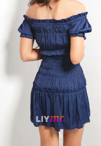 Off-Shoulder Shirred Smocked Mini Dress with Ruffle Hem