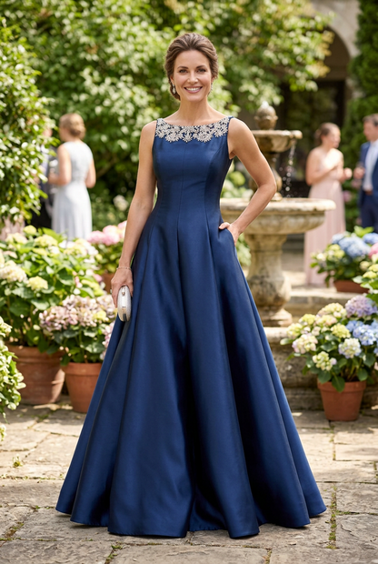 Embellished Neckline A-Line Satin Evening Gown