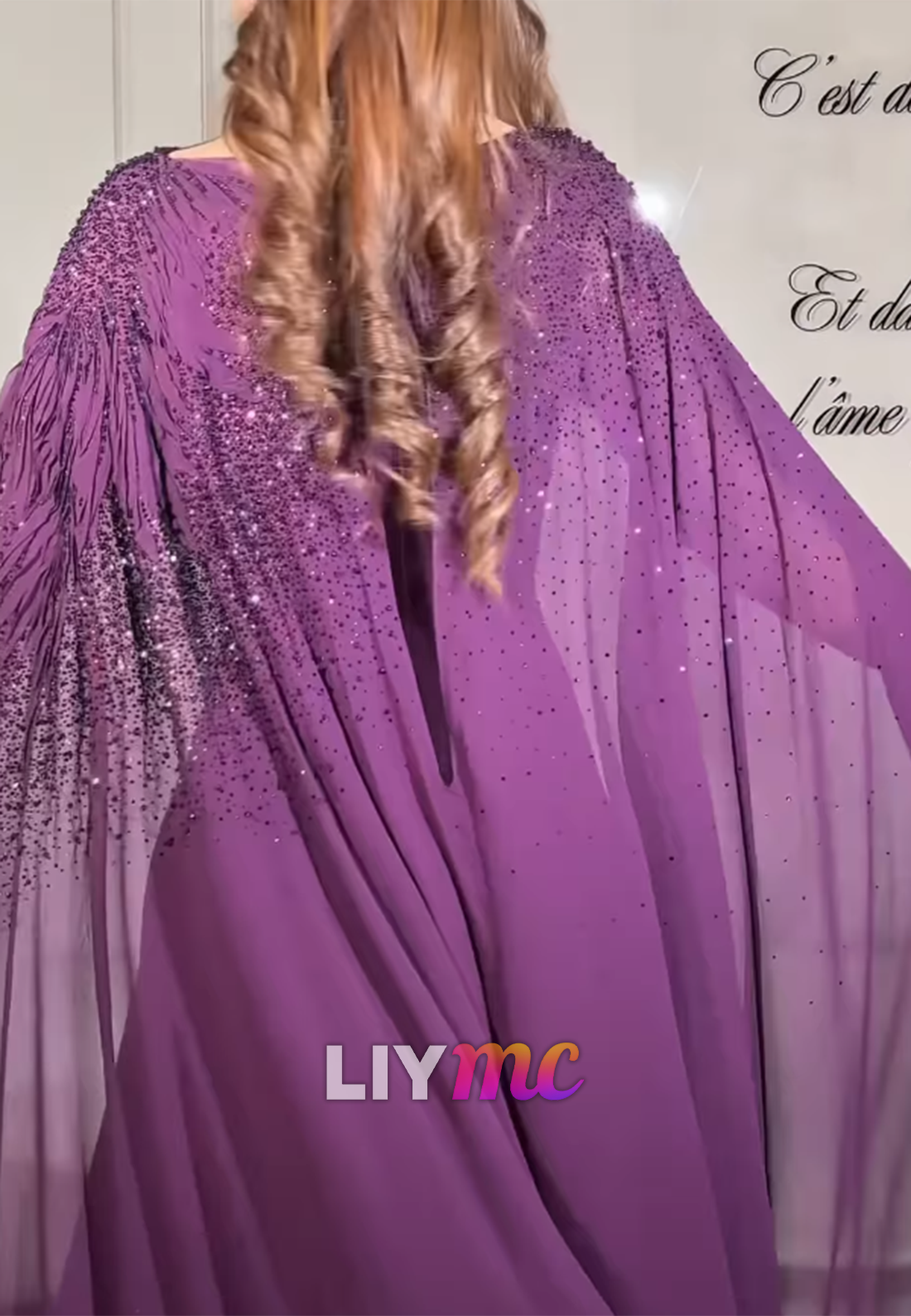 Beaded Cape Sleeve A-Line Evening Gown with Train