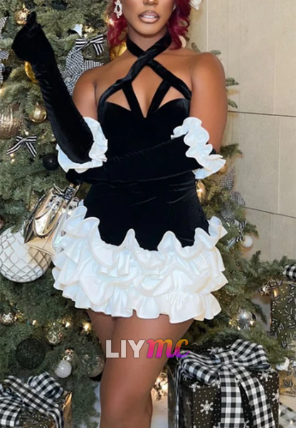 Halter Velvet Ruffle Hem Mini Dress