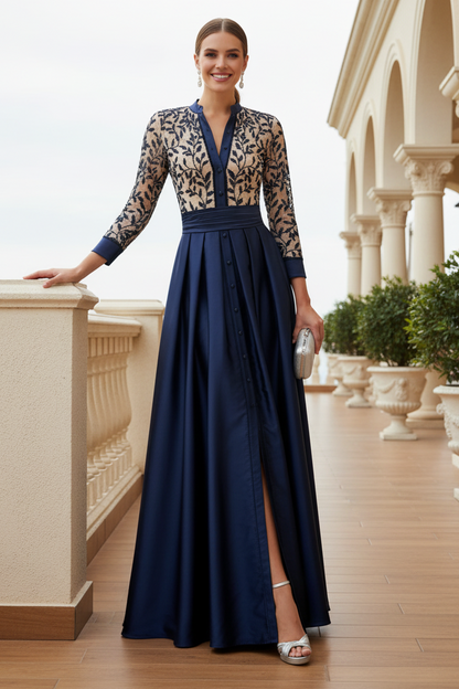 Embroidered Bodice Satin A-Line Gown