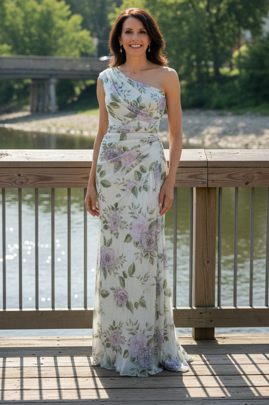 One-Shoulder Floral Sequin Evening Gown