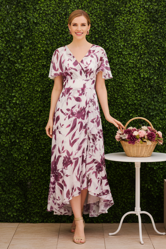 Floral Print High-Low Chiffon Evening Dress