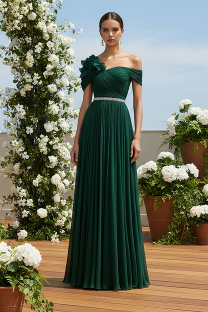 Pleated Off-the-Shoulder Chiffon A-Line Evening Gown