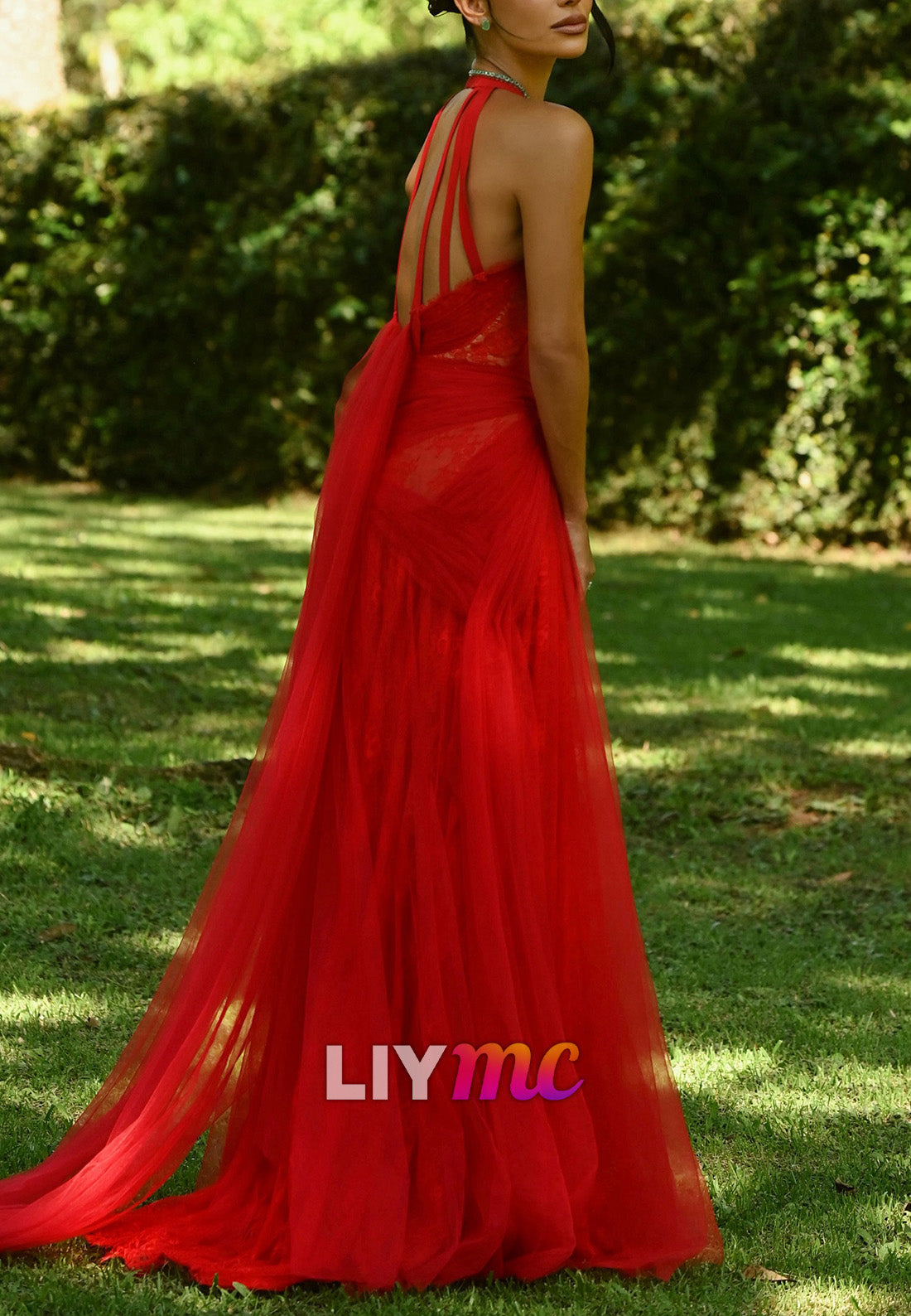 Tulle & Lace Halter Gown with Draped Shawl