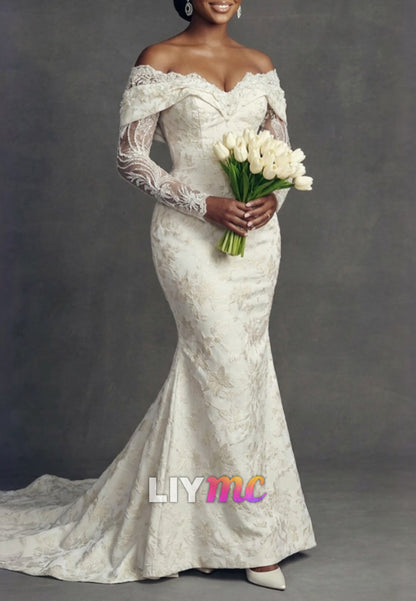Off-the-Shoulder Long Sleeve Mermaid Wedding Dress