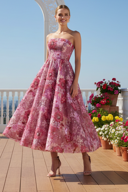 Strapless Floral Sequin A-Line Midi Dress