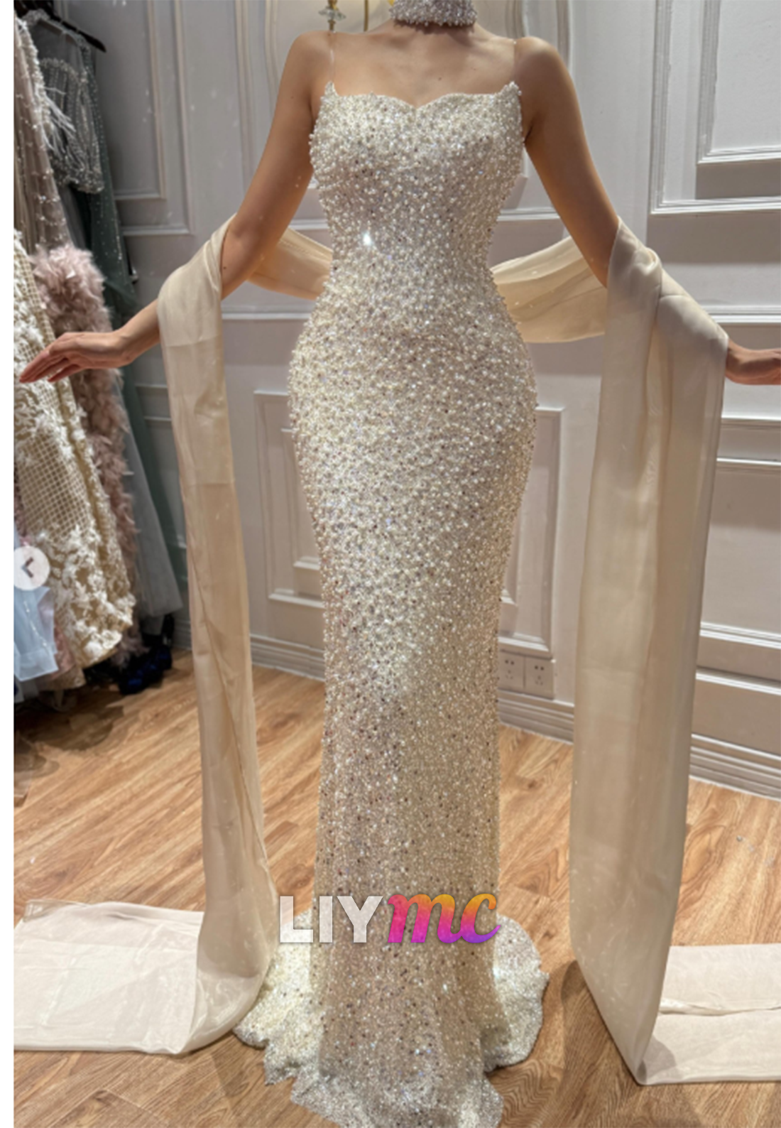 Pearl and Sequin Embellished Column Gown